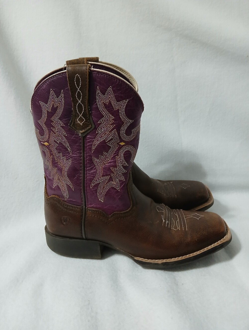 Ariat Girls Brown Leather Boots with Purple Embroidered Shaft